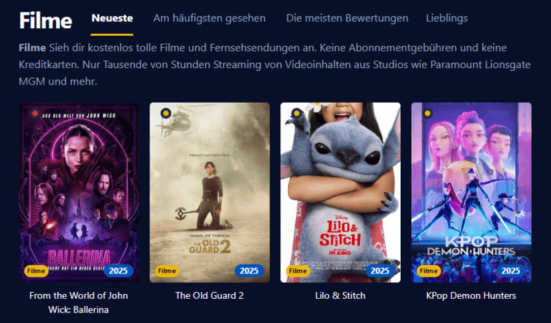 Bildschirmfoto der Filmpalast Oberflaeche die verschiedene Filmtitel und Serienepisoden anzeigt